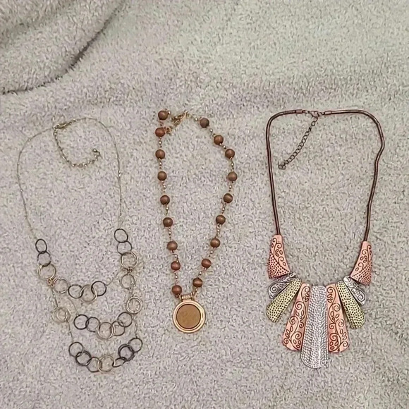 #25 set of 3 fashion necklaces mixed metals layered circle geometric eclectic - Picture 1 of 4